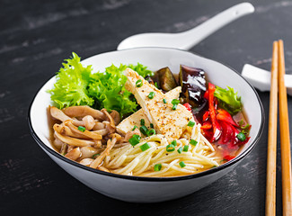 Asian vegan noodles soup with tofu cheese, shimeji mushrooms and fried eggplant in bowl on dark background.