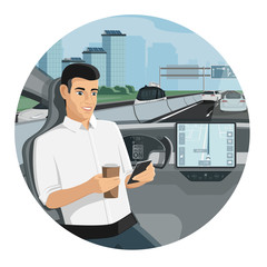 Wall Mural - Passenger in autonomous self driving car. Vector illustration