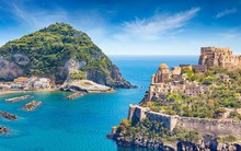 Collage With Famous Attractions Of Ischia Island - Aragonese Castle, Green Mountain Near Fishing Village Sant'Angelo And Clear Azure Sea, Italy