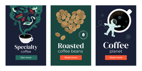 Wall Mural - Set of banners with Specialty coffee, heart shaped roasted beans, cup of espresso. Vector illustrations of planets, outer space and astronaut, coffee regions, tropical birds. Poster, advert template.