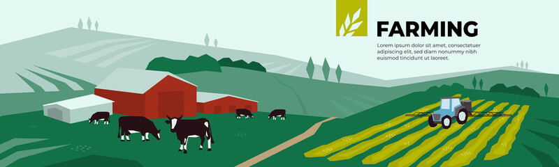 Wall Mural - Vector illustration of farm land, pasture, cows, agricultural buildings, irrigation tractor spraying on field. Design for farming, livestock company. Template for banner, annual report, print, website