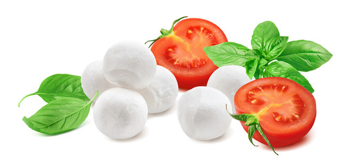 Wall Mural - Tomato, basil leaves, mozzarella cheese balls isolated on white background