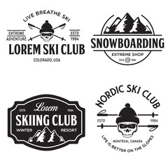 Wall Mural - Vintage ski or winter sports logos, badges, emblems, design elements. Vector illustration. Monochrome Graphic Art.