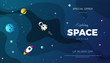 © Premium_art - Space exploration modern background design with a Galaxy, Astronaut, Rocket, Moon, Planets and Stars in cosmos. Cute blue color template for website page or banner vector illustration