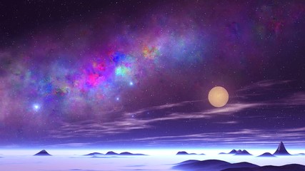 Wall Mural - Beautiful Nebula and UFO over an Alien Planet. On a dark starry sky great colorful nebula. Bright blue objects (UFOs) quickly fly over the alien desert. In the lowlands is blue fog.