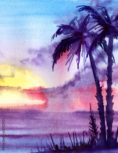 Dark Silhouettes Of Palm Trees On A Background Of Multi Colored