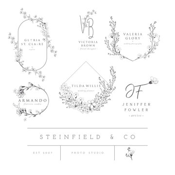 Vector set of line design elements for floral logos, frames and border. Decorated with detailed delicate flowers and brunches