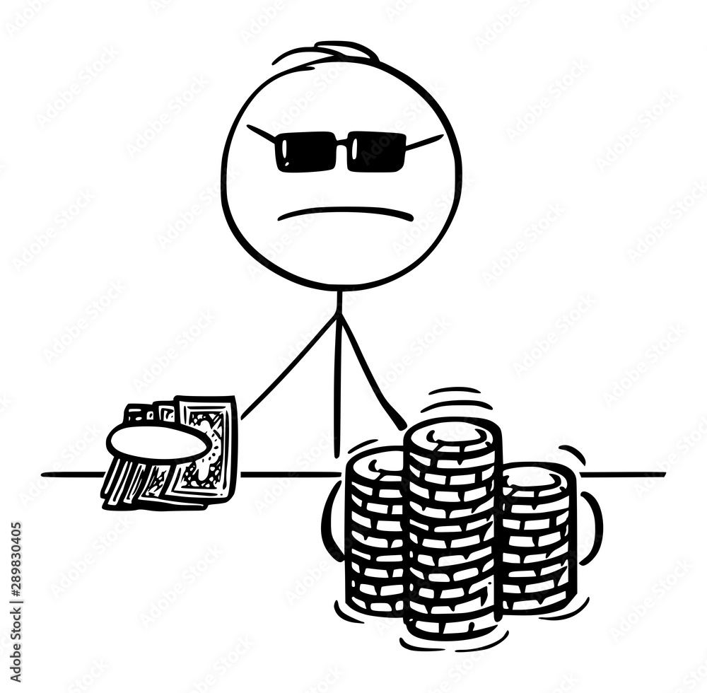 Vector cartoon stick figure drawing conceptual illustration of poker player with cards gambling and moving piles of casino chips.