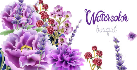 wild nature watercolor flowers bouquet vector. delicate postcard