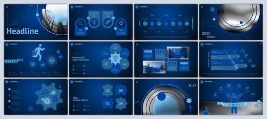 Business presentation template. Vector set, elements of infographics, dark blue background. Flyer, postcard, corporate report, marketing, advertising, banners. Slideshows, brochures, annual report