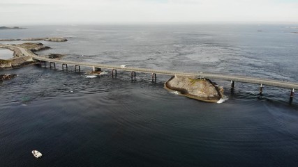 Wall Mural - Aerial view. World famous Atlantic road bridge Atlanterhavsvegen in Norway Europe. Norwegian national scenic route. Tourist attraction