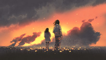 Beautiful Scenery Of The Young Couple Standing In Glowing Flowers Filed And Looking Sunset Sky, Digital Art Style, Illustration Painting