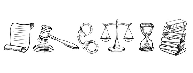 Law and Justice icons set. Hand drawn illustration