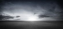 Dramatic Black White Floor Background With Panoramic Cloudy Sky