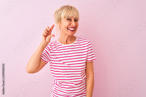 Cuadros en Lienzo Middle age woman wearing striped t-shirt standing over isolated pink background smiling and confident gesturing with hand doing small size sign with fingers looking and the camera