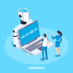 isometric vector image on a blue background, robotics development, a robot holds a laptop and a man and a woman are standing in front of him, communicating with artificial intelligence