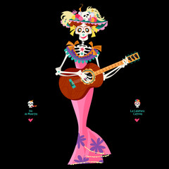 La Calavera Catrina playing guitar. Elegant Skull. Dia de Muertos (Day of the Dead). Mexican tradition.