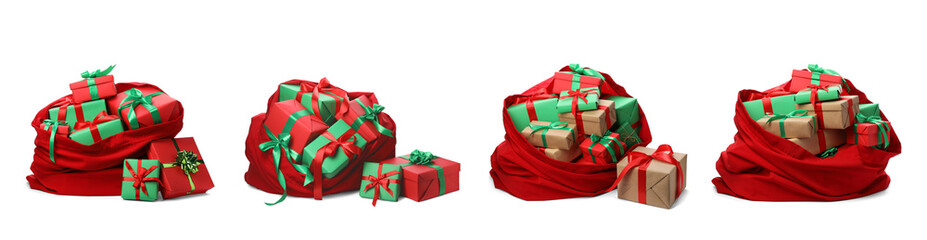 Set of Santa Claus red bags on white background