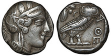 Illyria And Central Greece – Attica Silver Coin Tetradrachm 454-404 BC, Helmeted Head Of Athena Right, Olive Sprig And Crescent Behind Standing Owl, 