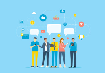 Wall Mural - group people communicate by mobile application and contact to business by social network concept