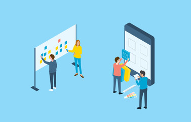 Poster - Flat design mobile application and web design development process concept and group business team working