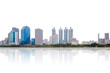 © thithawat - high modern building city isolated on white background clipping path nearby the park in central city at morning with reflection.