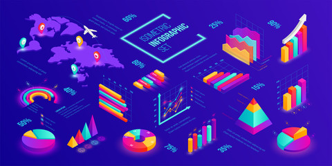 isometric 3D data graphs and diagram set dark