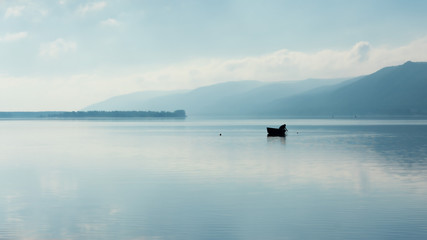 Naklejka na meble Wallpaper landscape with boat, fisher, Volga river and Zhiguli mountains - Russia, Samara, summer