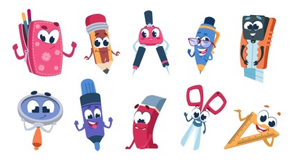 Poster - School cartoon characters. Student stationery mascots with smile faces, flat cut collection of funny educational supplies. Vector illustration set happy expressions colorful education objects