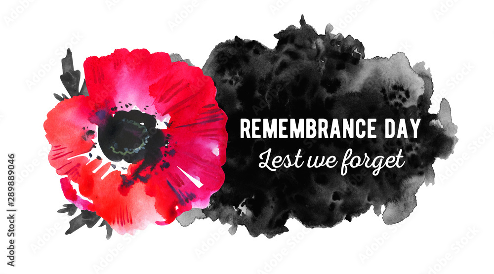 Remembrance day design concept. Poppy flower with black spot and title. Hand drawn watercolor sketch illustration - obrazy, fototapety, plakaty 