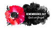 Remembrance day design concept. Poppy flower with black spot and title. Hand drawn watercolor sketch illustration