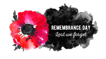 Remembrance day design concept. Poppy flower with black spot and title. Hand drawn watercolor sketch illustration