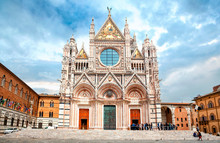 Piazza Del Duomo With Siena Cathedral (Duomo Di Siena), Siena, Tuscany, Italy. Roman Catholic Marian Church.