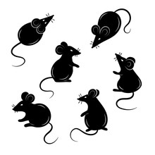 Set Of Mice On A White Background. Collection Of Mouse Silhouettes. Vector Illustration.