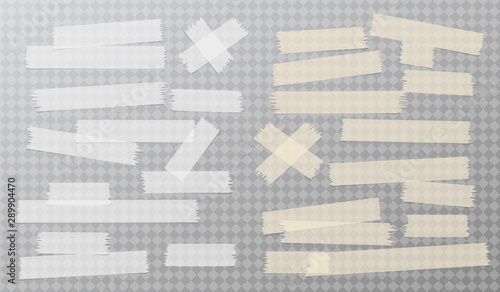 Fotografía White and brown adhesive, sticky, masking, duct tape strips for text stuck on gray squared background