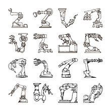 Vector Abstract Line Art Robot Arm Icons Set Illustrating Industrial Automation And Fantasy Machines. Hand Drawn.