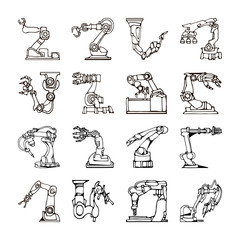 Vector abstract line art robot arm icons set illustrating industrial automation and fantasy machines. Hand drawn.