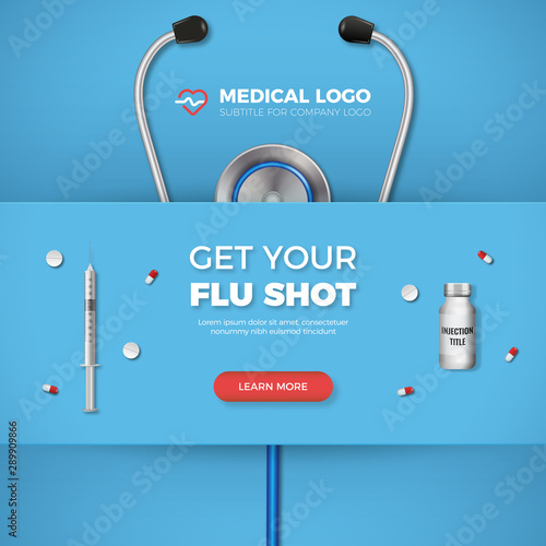 Fotomural Get Your Flu shot healthcare banner with syringe, logo and flat icons on blue background