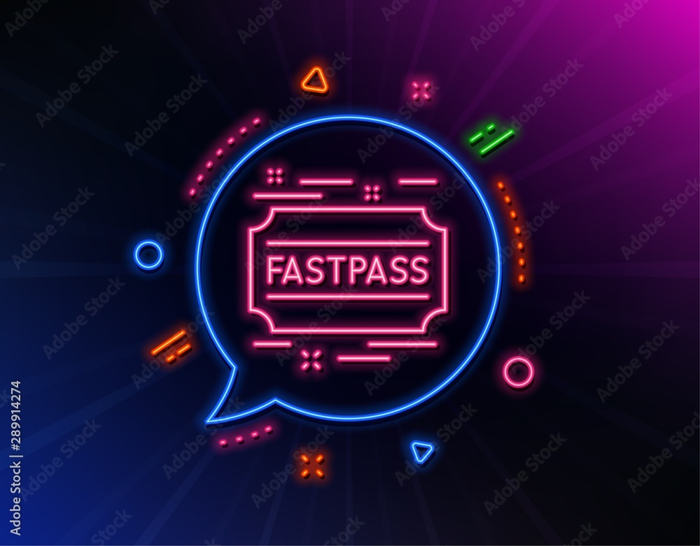 Fastpass line icon. Neon laser lights. Amusement park ticket sign. Fast ...