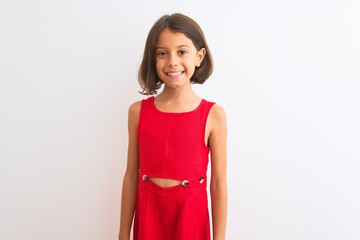 Sticker - Young beautiful child girl wearing red casual dress standing over isolated white background with a happy and cool smile on face. Lucky person.