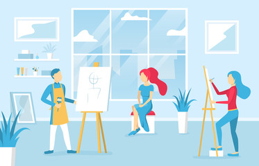 Poster - Cartoon Color Characters People and Painting Class Concept. Vector