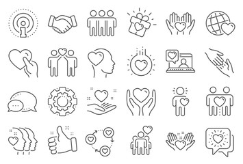 Wall Mural - Friendship and love line icons. Interaction, Mutual understanding and assistance business. Trust handshake, social responsibility, mutual love icons. Trust friends, partnership. Line signs set. Vector