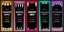 Creepy Halloween Party Invitation Flyers. Colorful Screaming Monster Mouth Posters.