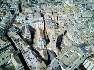 Aerial photo shooting with drone of Genova, a famous Italy city, important hub of maritime trade and tourist art