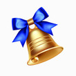 Golden metal bell with blue bow isolated on a white background, Christmas symbol, school bell, vintage bell. 3D effect. Vector illustration. EPS10