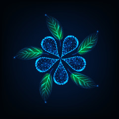 Wall Mural - Futuristic glowing low poly flower and green leaves made of lines, dots, stars, triangles.