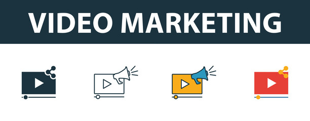 Wall Mural - video marketing icon set. four simple symbols in diferent styles from smm icons collection. creative