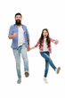 © be free - Following fathers example. On same wave concept. Bearded father and small child walking or running together. Move on. Lets move. Kid and dad cheerful friends in motion. Move in same direction