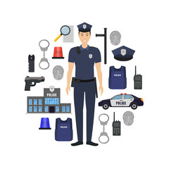 Wall Mural - Cartoon Color Policeman and Police Elements Banner Card Circle. Vector