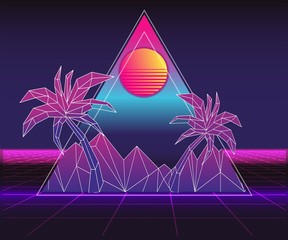 Wall Mural - Retro future, slogan give me back 80's, futuristic landscape, mountains. Sci-Fi Background. 80s Party Background. Retro Wave music album cover template with sun, space, mountains